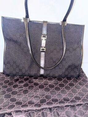 Gucci Black GG Canvas Tote with Leather Trim